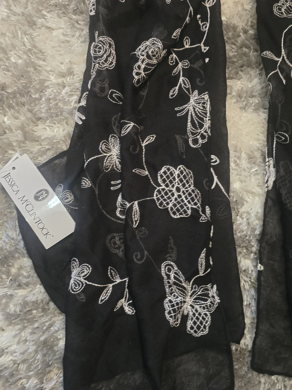 Jessica McClintock Black Scarf with White Floral Embroidery